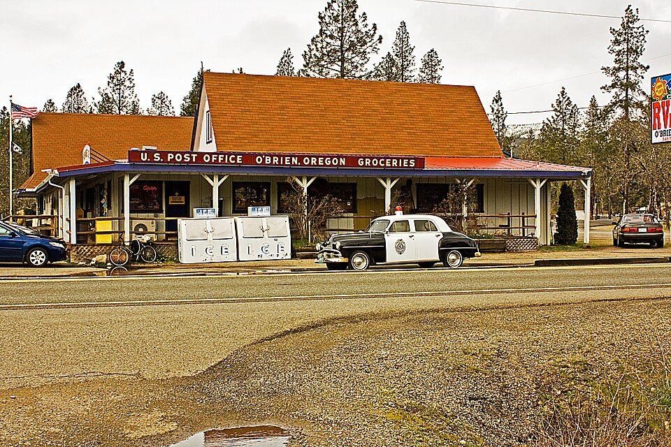 Post office and grocery storefront in O'Brien, Oregon